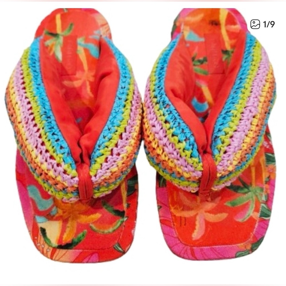 Farm Rio Tropical Colorful Crochet Puffy Flip Flop Sandals - Shoe Bag - 8 - Picture 3 of 10